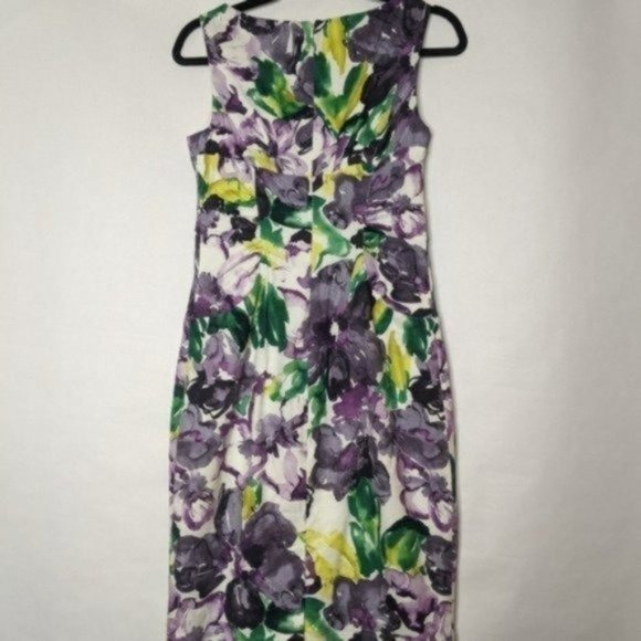 Adrianna Papell Dress 6 Medium Purple Floral Dress Sleeveless Ruched Sheath Text - Picture 5 of 9